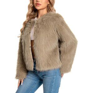 Women's Faux Fuzzy Jacket Fluffy Long Sleeve Winter Coat with Pockets Khaki